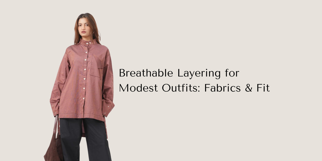 Fashion model demonstrating how to layer clothes for modest outfits using breathable fabrics, loose silhouettes, and comfortable layering techniques in a minimalist editorial setting