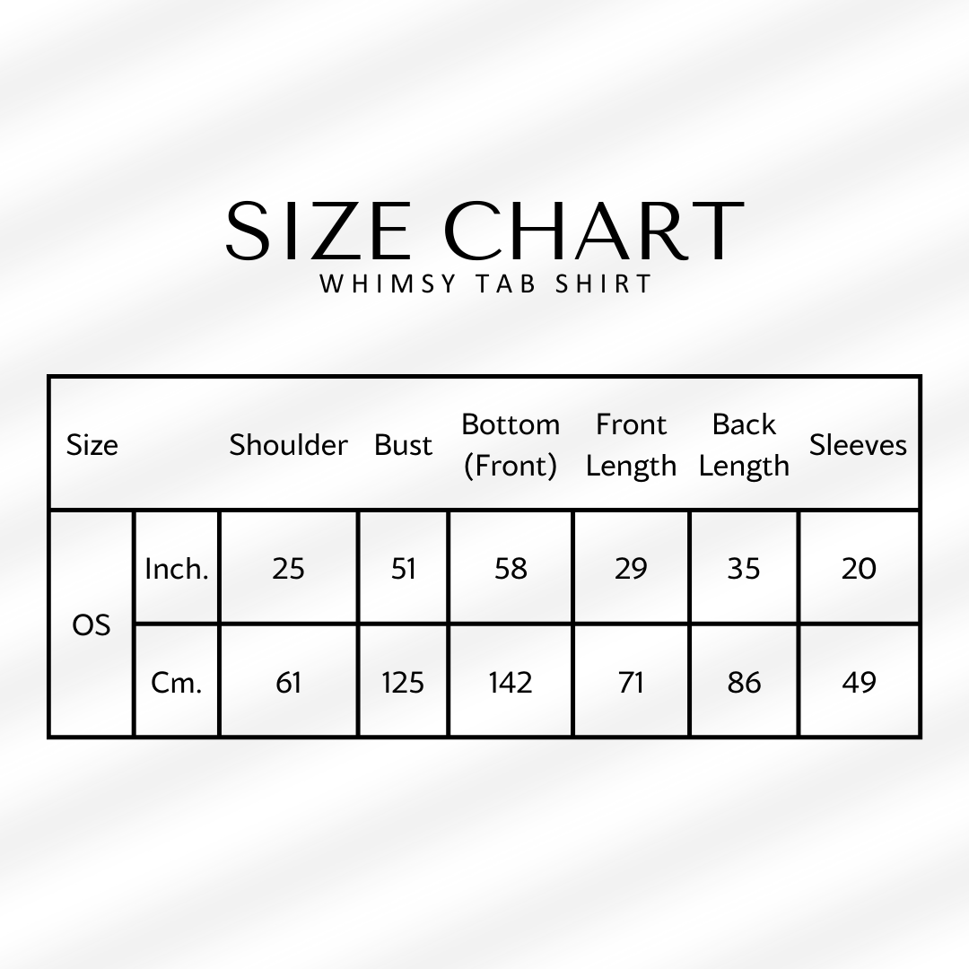 Size chart for a Whimsy Tab Shirt with measurements in inches and centimeters.