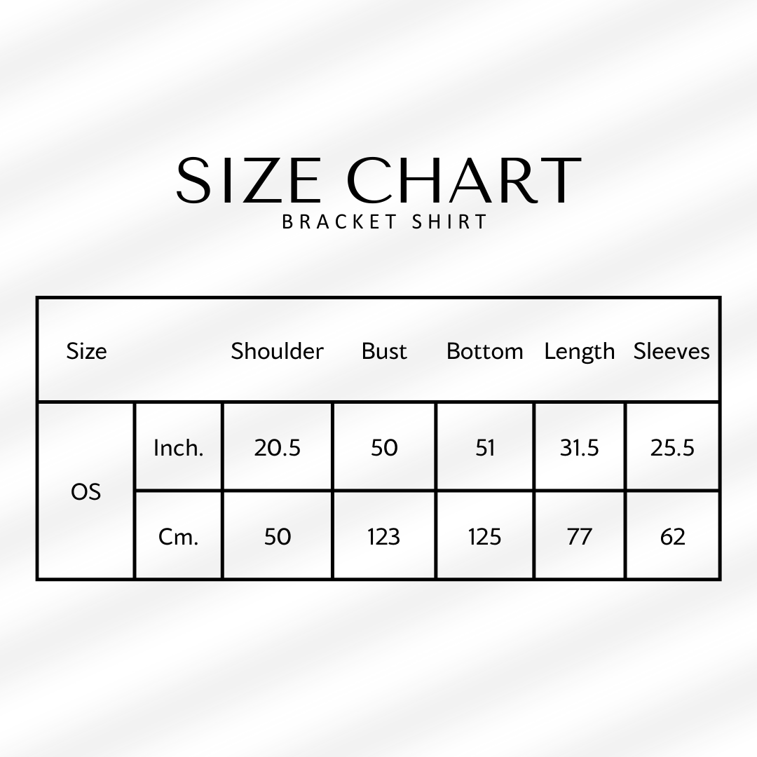 Size chart for a bracket shirt with measurements in inches and centimeters.