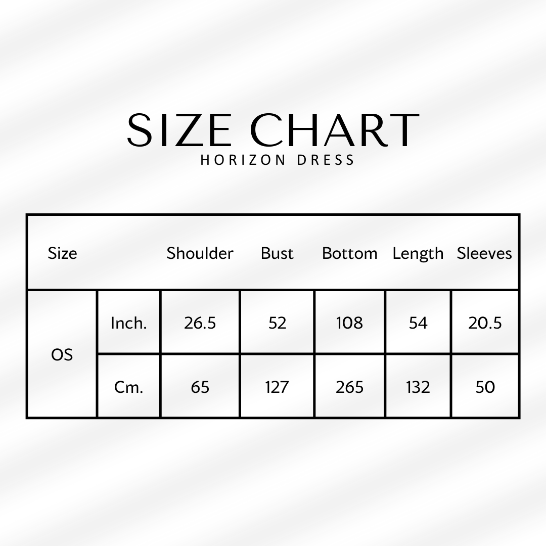Size chart for Horizon Dress with measurements in inches and centimeters.