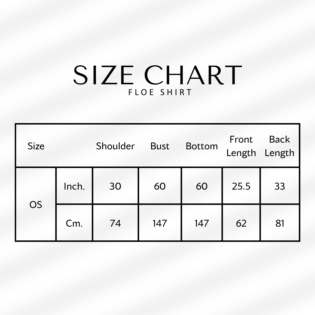 Size chart for a Floe shirt with measurements in inches and centimeters.