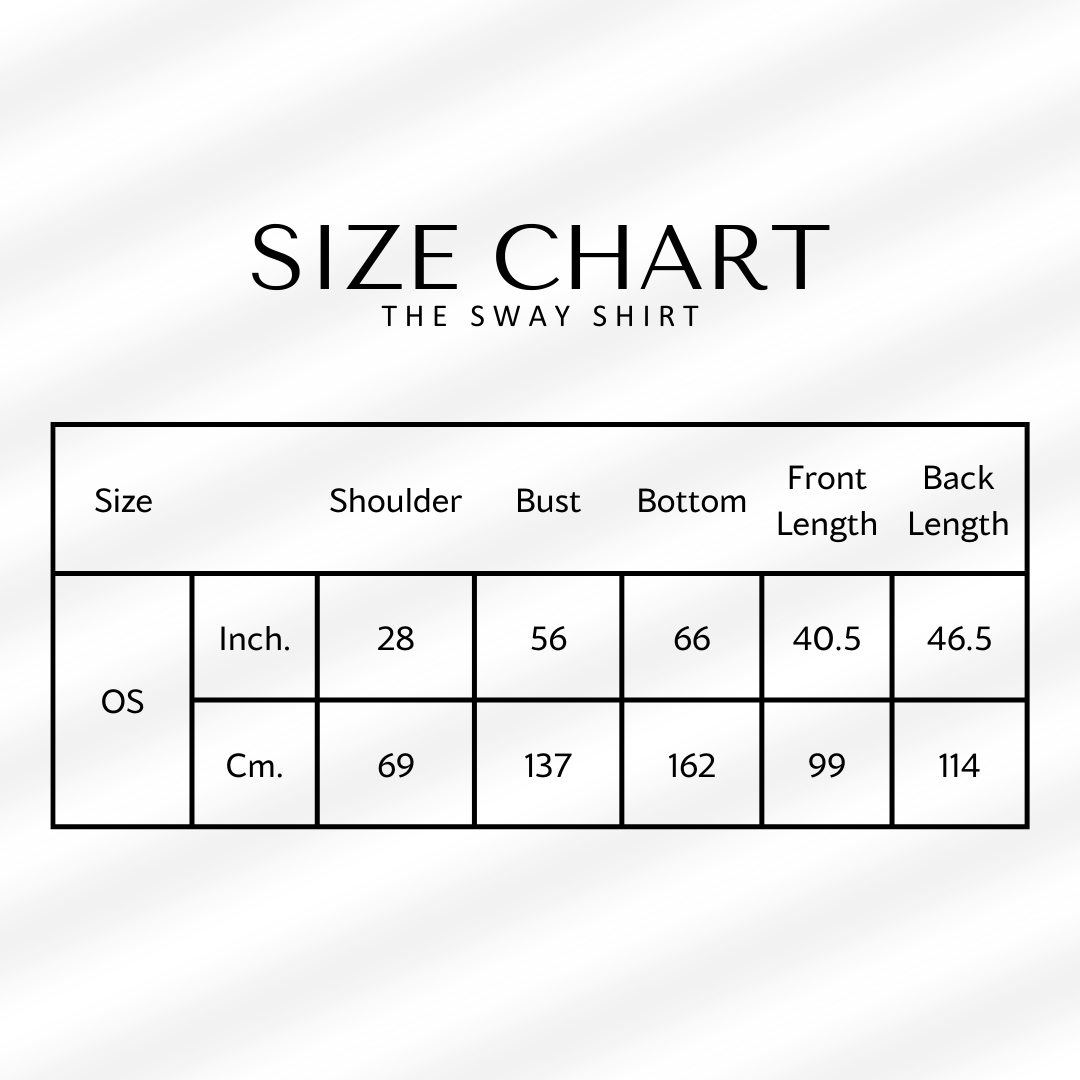 Size chart for 'The Sway Shirt' with measurements in inches and centimeters.